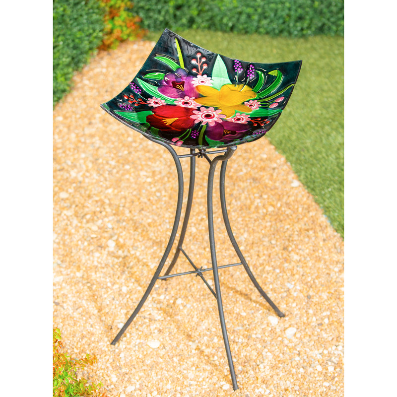 16.5" Hand Painted Embossed Square Glass Bird Bath, Floral Bouquet, 16.5"x16.5"x4.7"inches
