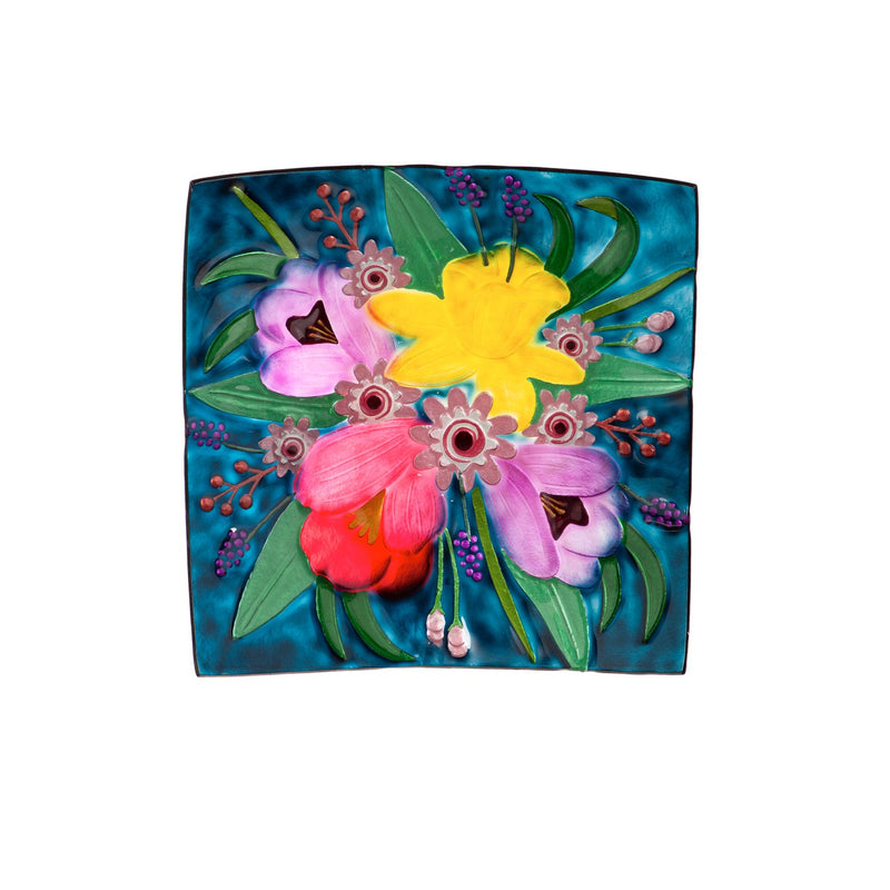 16.5" Hand Painted Embossed Square Glass Bird Bath, Floral Bouquet, 16.5"x16.5"x4.7"inches