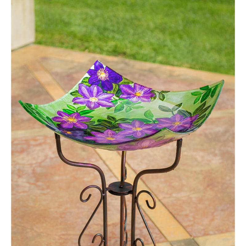 16.5" Hand Painted Embossed Square Glass Bird Bath, Purple Floral,2gb6959