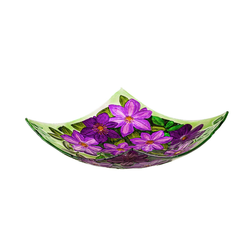 16.5" Hand Painted Embossed Square Glass Bird Bath, Purple Floral,2gb6959