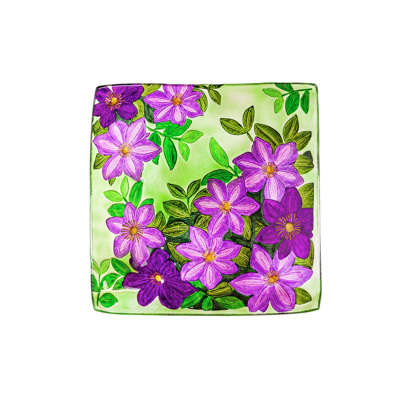 16.5" Hand Painted Embossed Square Glass Bird Bath, Purple Floral,2gb6959
