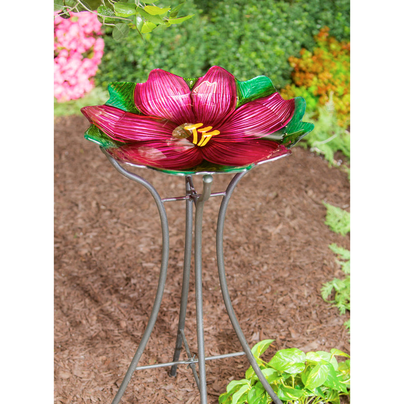18" Hand Painted and Embossed Shaped Bird Bath, Pink Flower, 18"x18"x2.36"inches