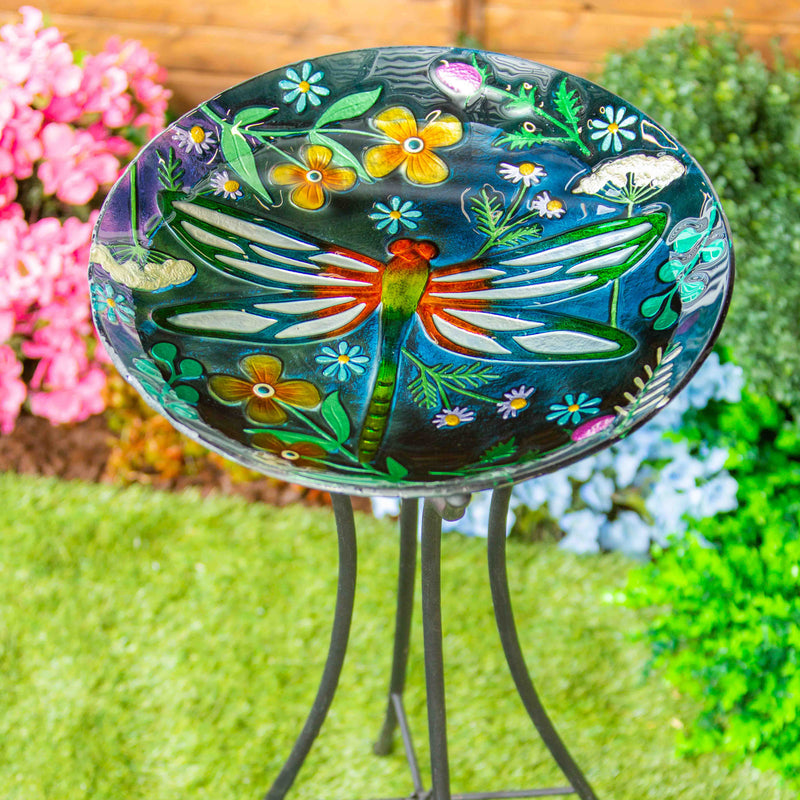 Evergreen Bird Bath,18" Hand Painted and Embossed Bird Bath, Dragonfly Meadow,18.11x18.11x1.57 Inches