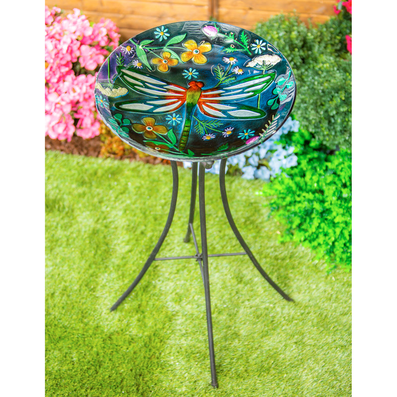 18" Hand Painted and Embossed Bird Bath, Dragonfly Meadow, 18.11"x18.11"x1.57"inches