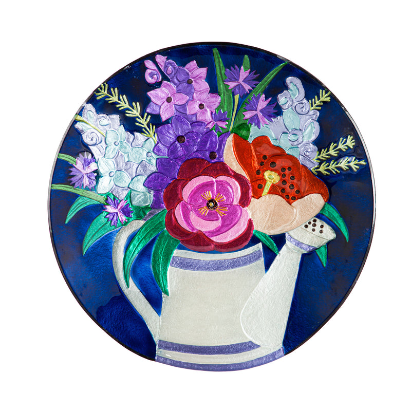 18" Hand Painted and Embossed Bird Bath, Floral Watering Can, 18.11"x18.11"x1.57"inches