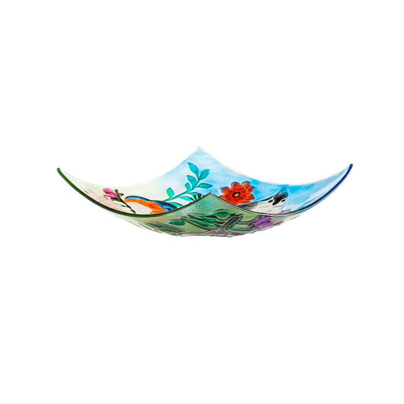 16.5" Hand Painted Embossed Square Glass Bird Bath, Trio of Birds,2gb6973