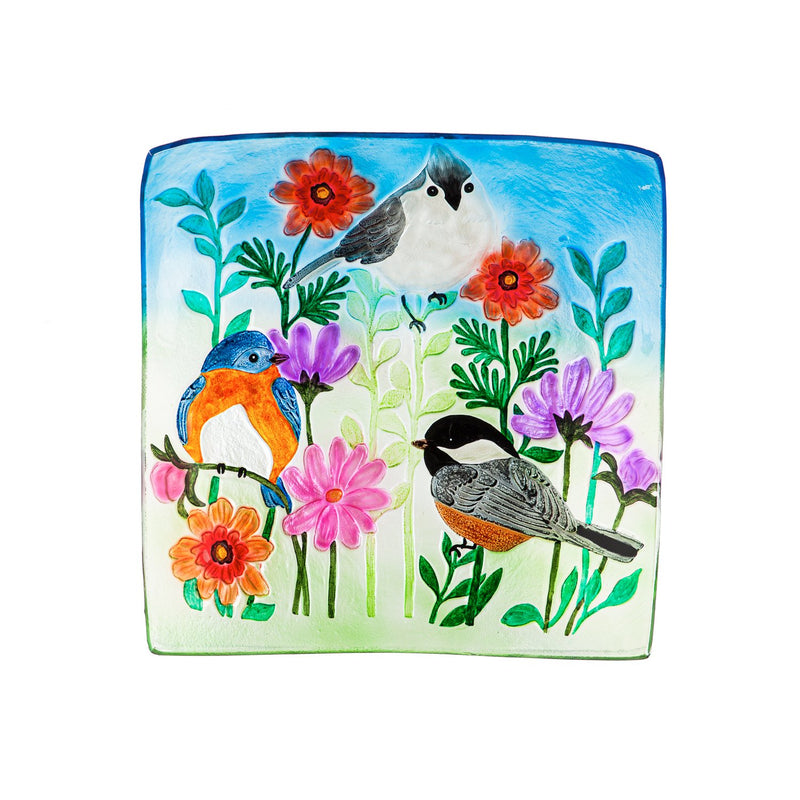 16.5" Hand Painted Embossed Square Glass Bird Bath, Trio of Birds,2gb6973