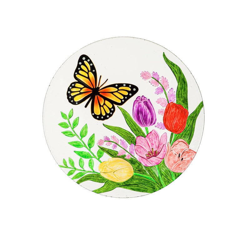 18" Hand Painted and Embossed Bird Bath, Monarch Butterfly and Tulip, 18.11"x18.11"x1.57"inches