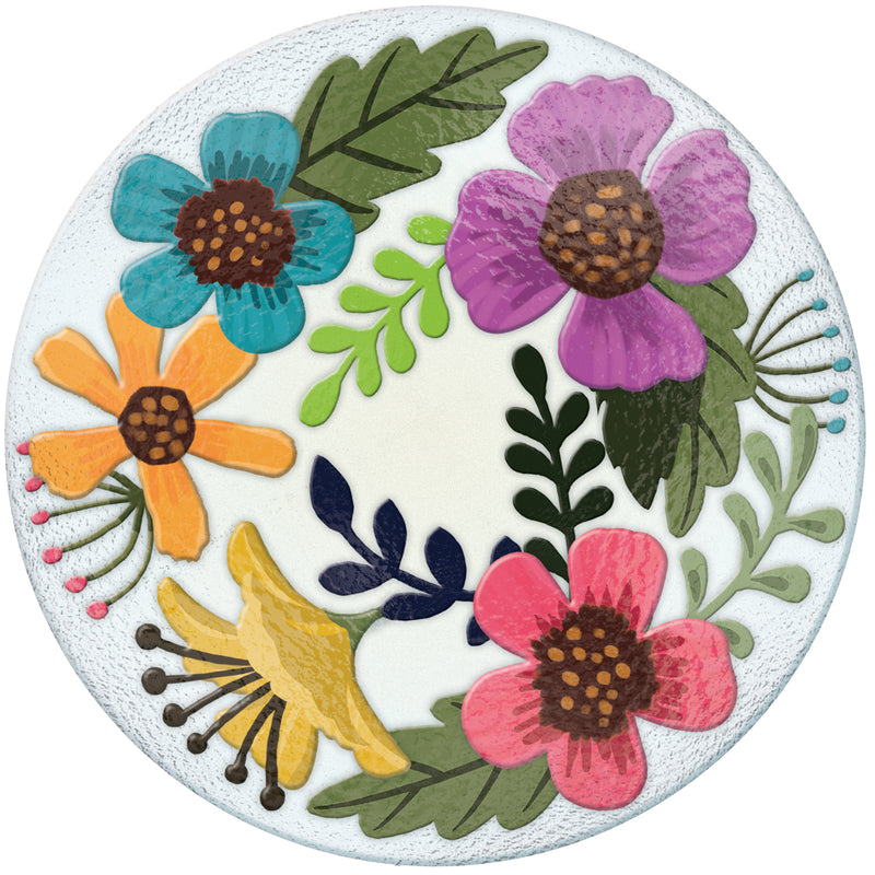 18" Solar Hand Painted Embossed Glass Bird Bath with Stand, Multi-Color Flower,2gb6977
