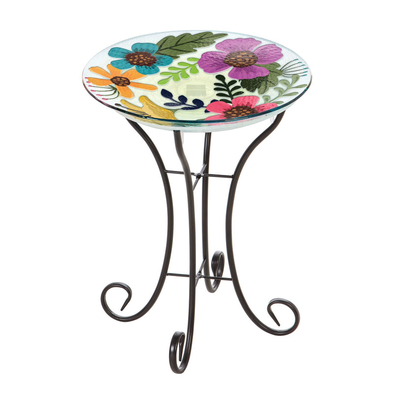 18" Solar Hand Painted Embossed Glass Bird Bath with Stand, Multi-Color Flower, 18"x18"x22.5"inches