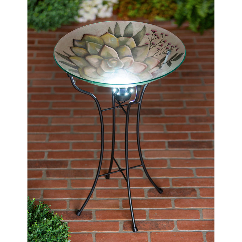 18" Hand Painted and Embossed Glass Bird Bath with Solar Stand, Succulent, 18.11"x18.11"x25.59"inches