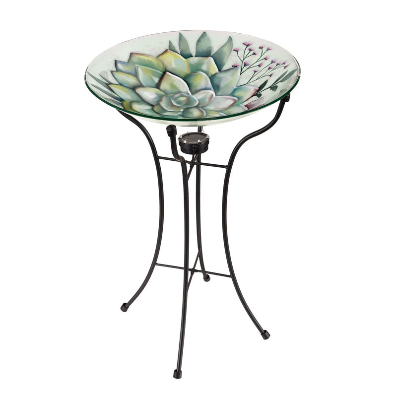 18" Hand Painted and Embossed Glass Bird Bath with Solar Stand, Succulent, 18.11"x18.11"x25.59"inches