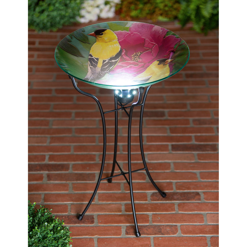 18" Hand Painted and Embossed Glass Bird Bath with Solar Stand, Goldfinch, 18.11"x18.11"x25.59"inches