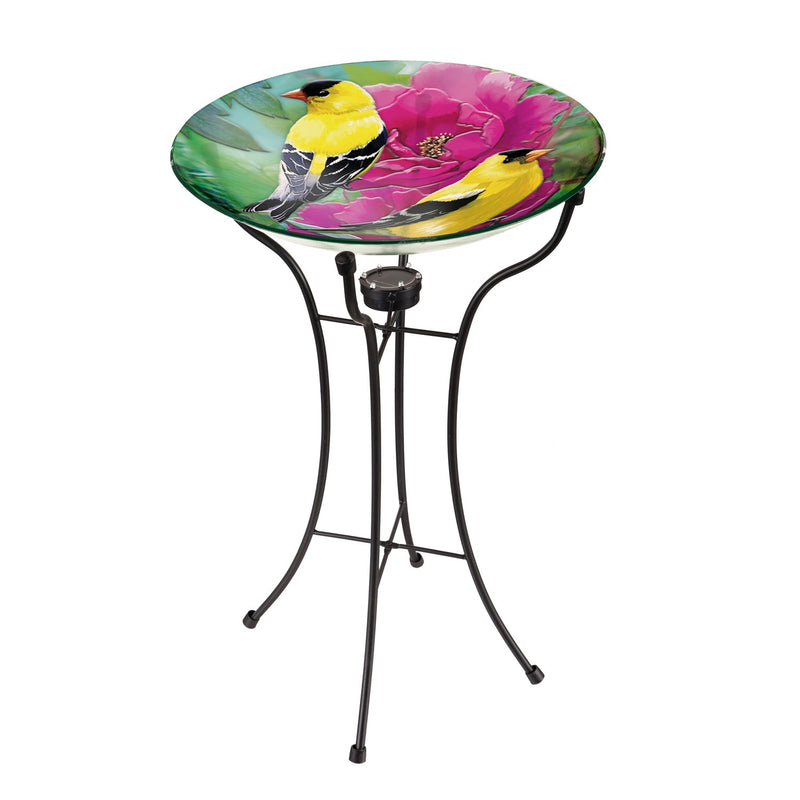 18" Hand Painted and Embossed Glass Bird Bath with Solar Stand, Goldfinch, 18.11"x18.11"x25.59"inches