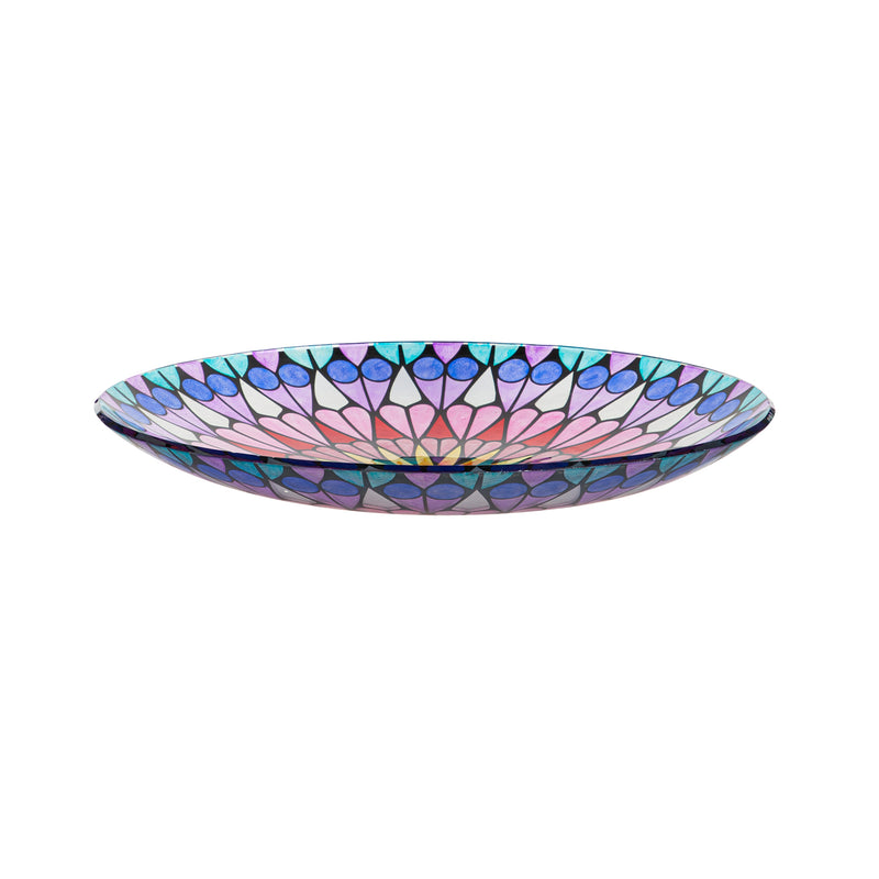 18" Hand Painted and Embossed Glass Bird Bath, Pink/Purple Tiles, 18.11"x18.11"x1.57"inches