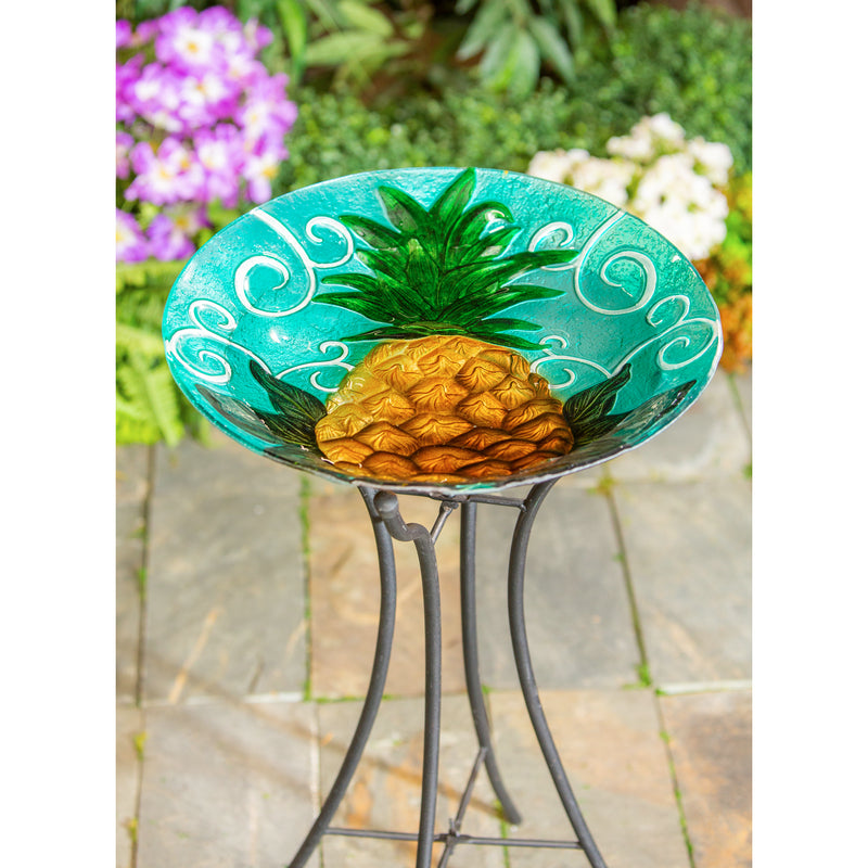 18" Hand Painted and Embossed Glass Bird Bath, Pineapple, 18.11"x18.11"x1.57"inches
