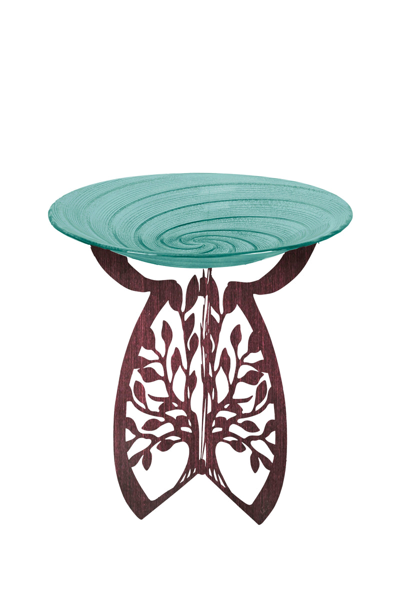 Evergreen Bird Bath,Laser Cut Bird Bath Stand and Glass Embossed Bird Bath Set, Tree of Life,18x18x25.59 Inches