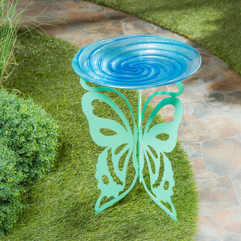 Evergreen Bird Bath,Laser Cut Bird Bath Stand with Glass Embossed Bird Bath Set, Butterfly,18x18x25.59 Inches