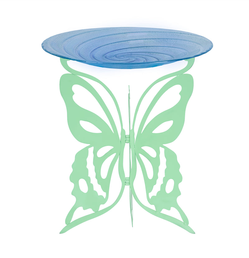 Evergreen Bird Bath,Laser Cut Bird Bath Stand with Glass Embossed Bird Bath Set, Butterfly,18x18x25.59 Inches