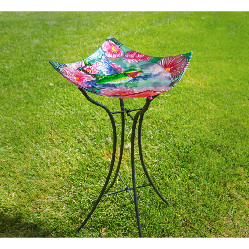 16.5" Hand Painted and Embossed Square Bird Bath, Hummingbird with Flowers,2gb7002