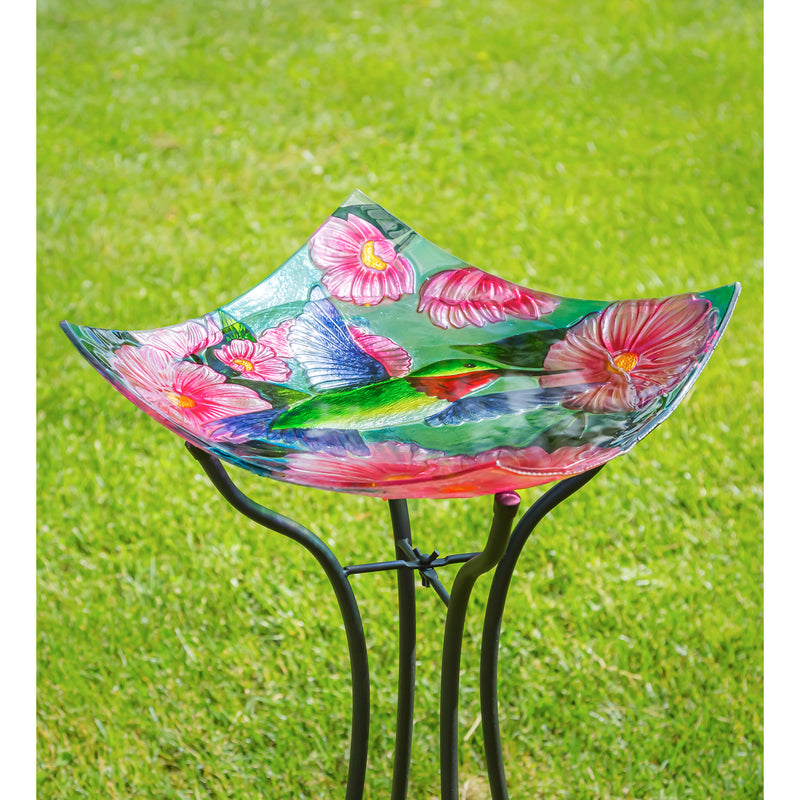 16.5" Hand Painted and Embossed Square Bird Bath, Hummingbird with Flowers, 16.5"x16.5"x4.7"inches