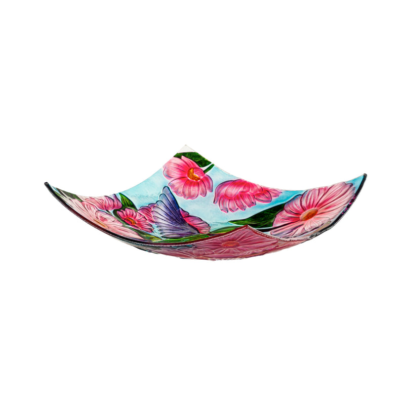 16.5" Hand Painted and Embossed Square Bird Bath, Hummingbird with Flowers,2gb7002