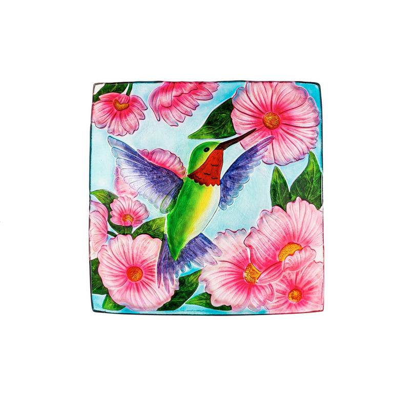 16.5" Hand Painted and Embossed Square Bird Bath, Hummingbird with Flowers,2gb7002