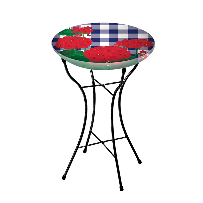 16" Glass Bird Bath with Stand, Plaid Geraniums,2gb7006