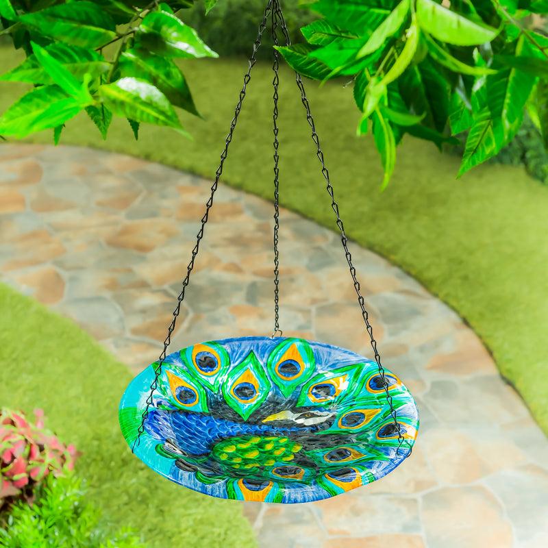 Evergreen Bird Bath,14" Glass Hanging Birdbath, Peacock,14x14x21.25 Inches