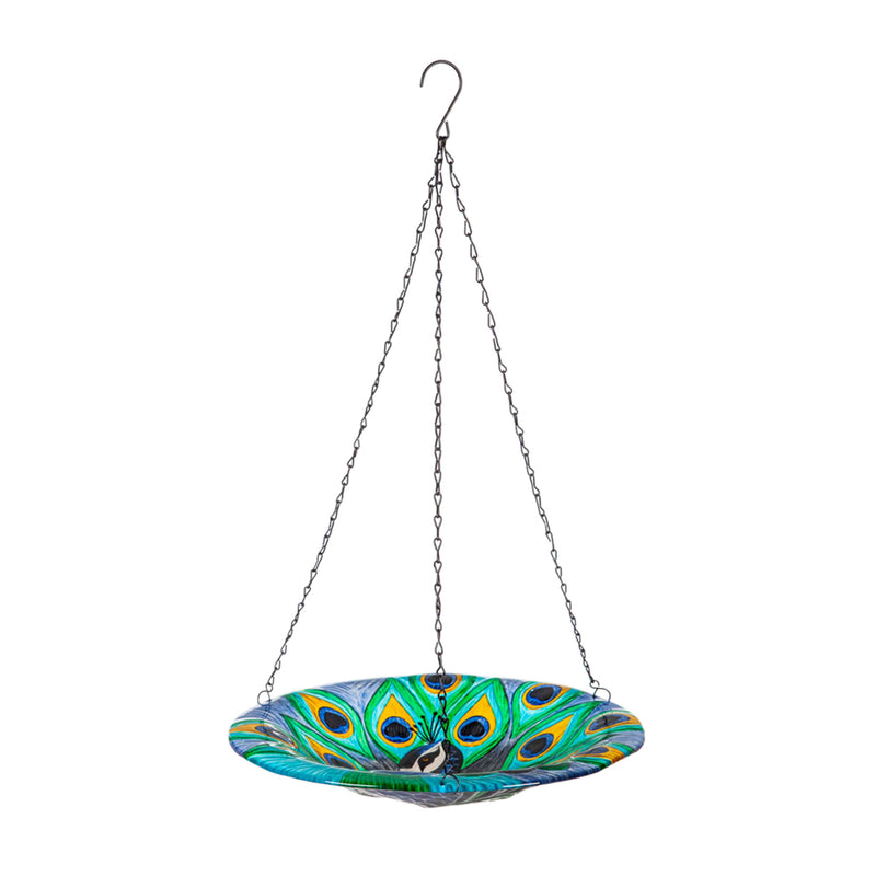 Evergreen Bird Bath,14" Glass Hanging Birdbath, Peacock,14x14x21.25 Inches