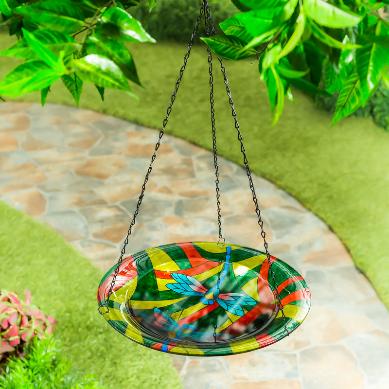 Evergreen Bird Bath,14" Glass Hanging Birdbath, Dragonflies,14x14x21.25 Inches