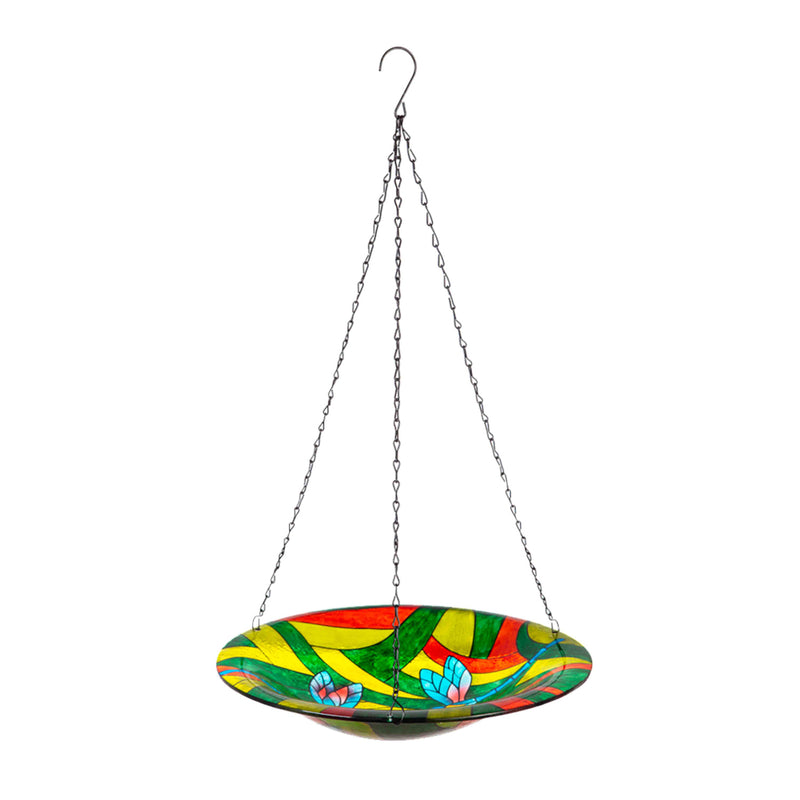 Evergreen Bird Bath,14" Glass Hanging Birdbath, Dragonflies,14x14x21.25 Inches