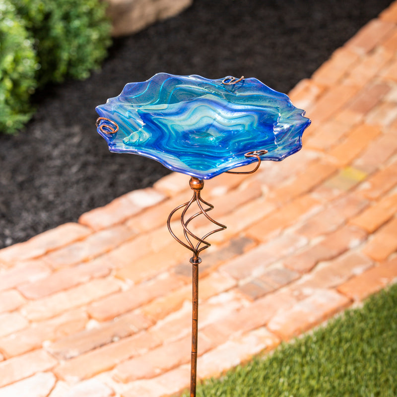 Evergreen Bird Bath,Glass Bird Bath with Garden Stake, Blue Swirl,11.42x11.42x30.31 Inches