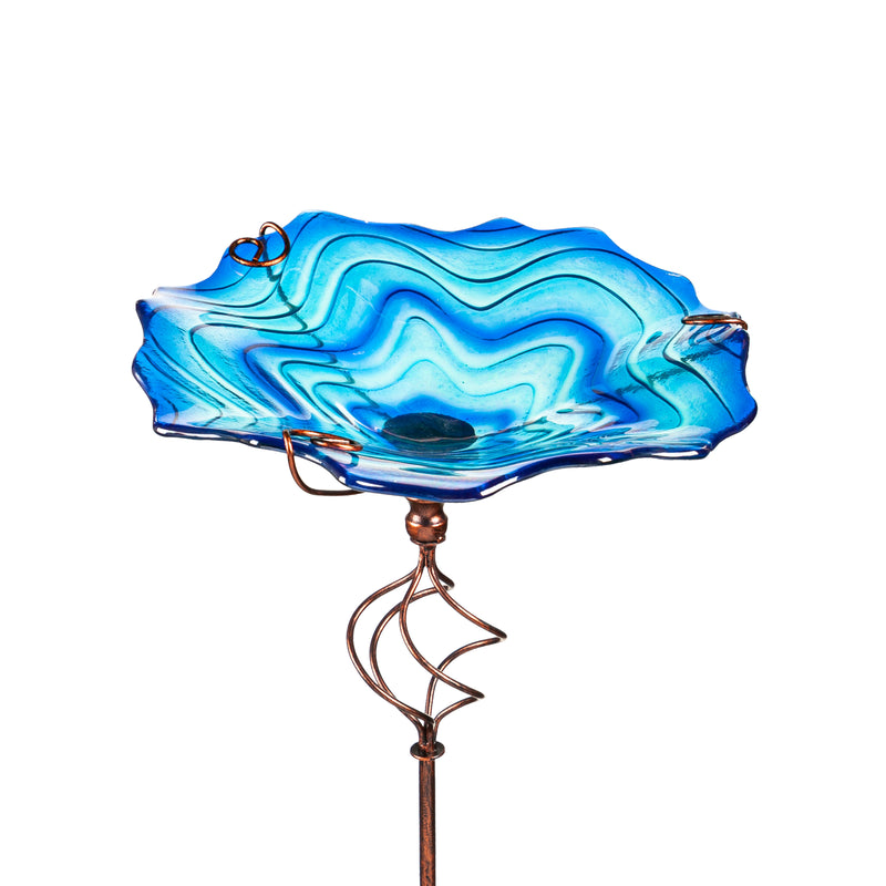 Evergreen Bird Bath,Glass Bird Bath with Garden Stake, Blue Swirl,11.42x11.42x30.31 Inches