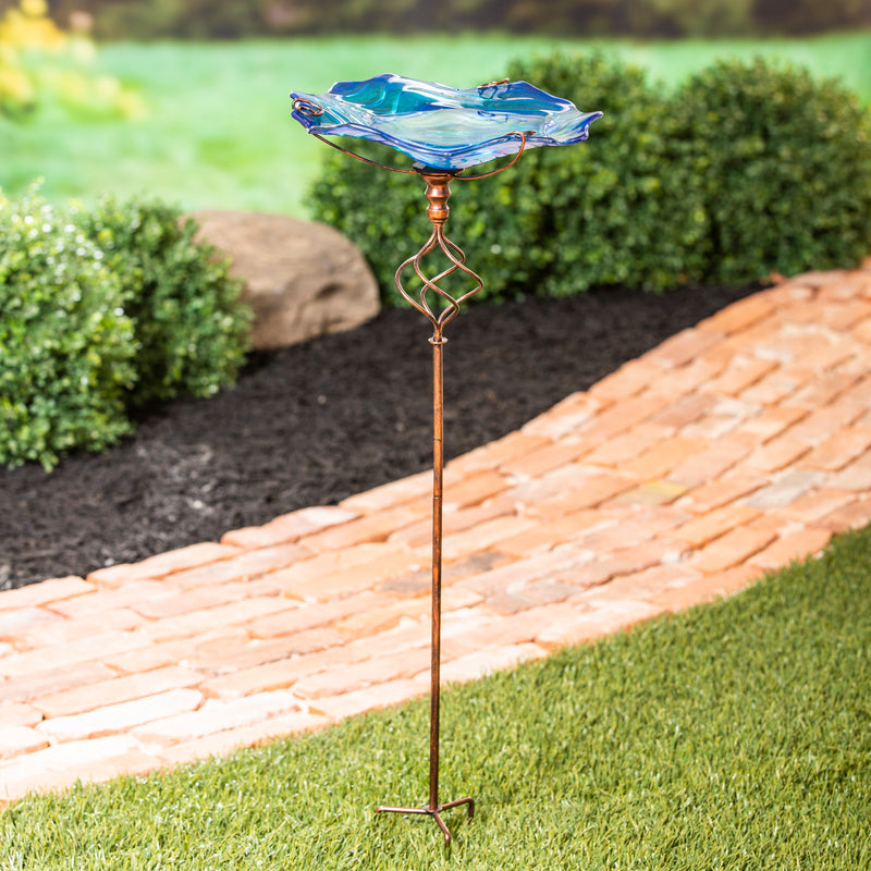 Evergreen Bird Bath,Glass Bird Bath with Garden Stake, Blue Swirl,11.42x11.42x30.31 Inches