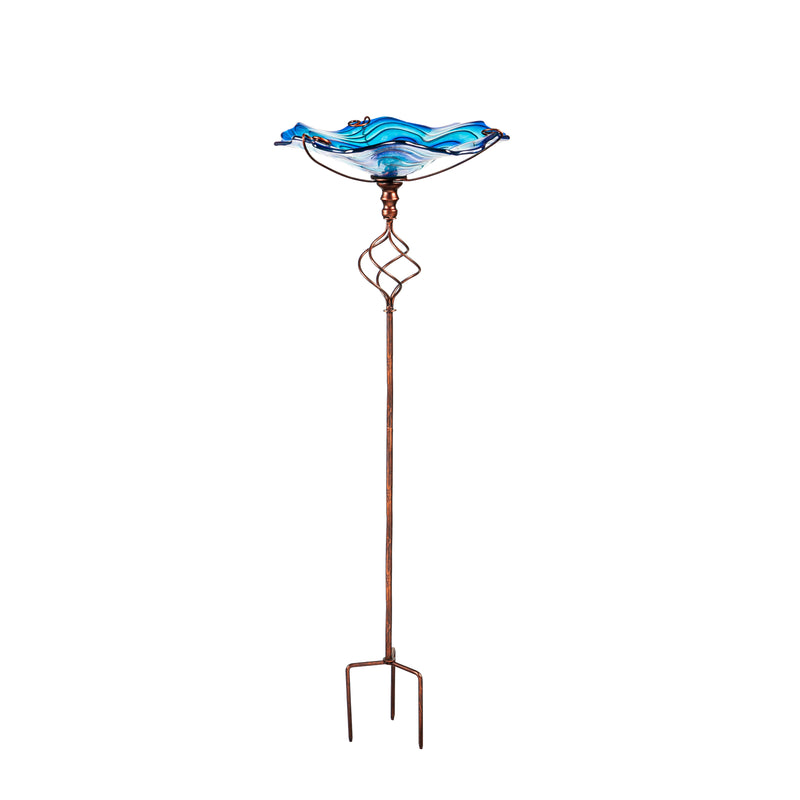 Evergreen Bird Bath,Glass Bird Bath with Garden Stake, Blue Swirl,11.42x11.42x30.31 Inches