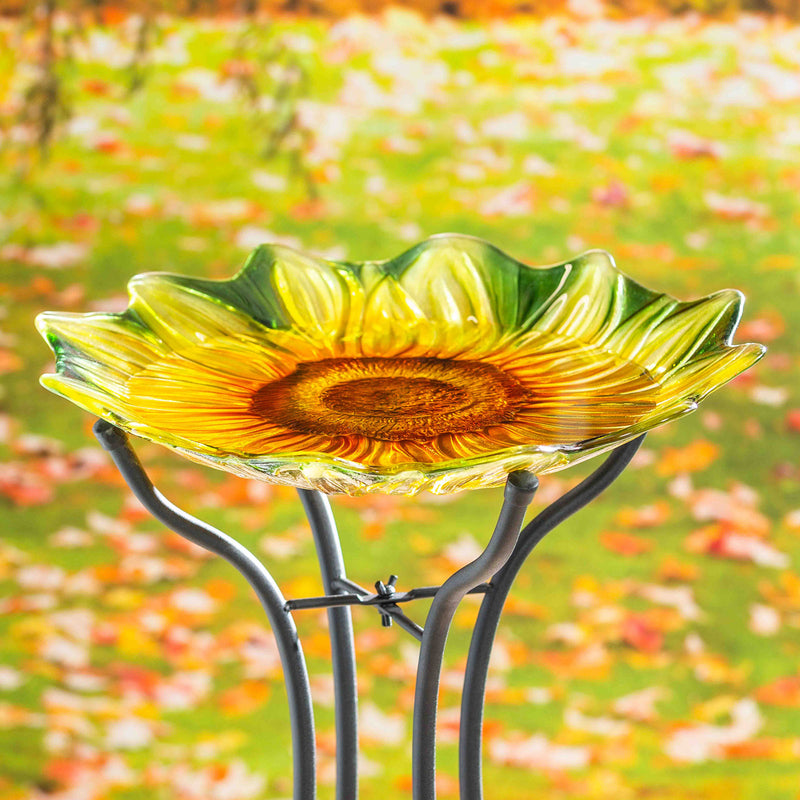 Evergreen Bird Bath,18" Hand Painted and Embossed Shaped Bird Bath, Sunflower,18x2.36x18 Inches