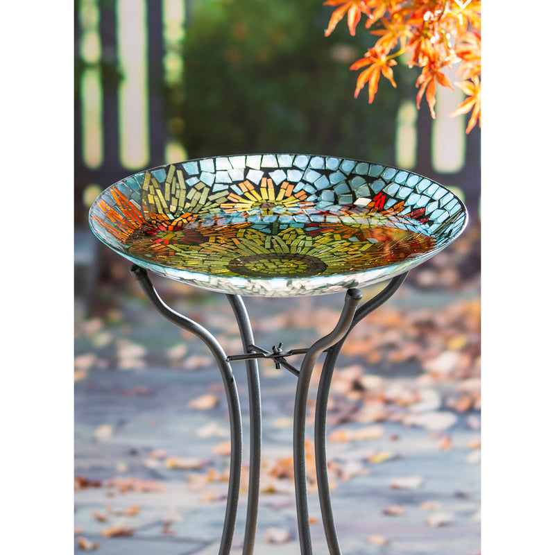 Evergreen Bird Bath,18" Glass Bird Bath, Moasic Translucent and Metallic Finish,18.11x1.57x18.11 Inches