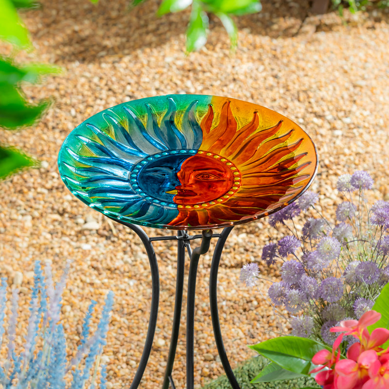 Evergreen Bird Bath,18" Sun & Moon Glass Bird Bath,18x18x2.55 Inches