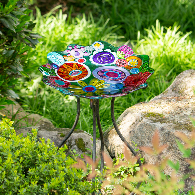 18" Abstract Floral Sculpted Edge Glass Bird Bath,2gb7186