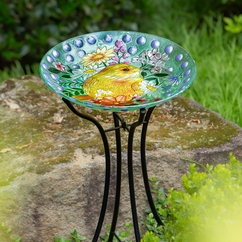 18" Yellow Bird and Polka Dots Glass Bird Bath,2gb7188