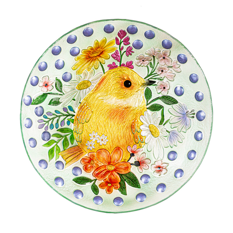 18" Yellow Bird and Polka Dots Glass Bird Bath,2gb7188
