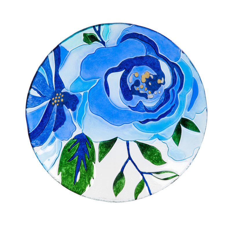 18" Glass Bird Bath, Blue Floral,2gb748