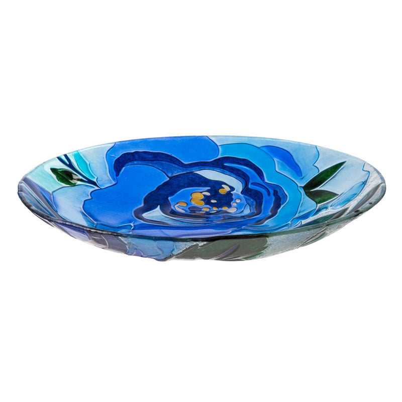 18" Glass Bird Bath, Blue Floral, 18"x3"x18"inches