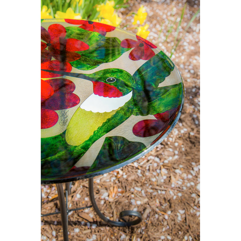 Evergreen 16" Glass Birdbath with Stand, Hummingbird, 16'' x 25.5'' x 16''