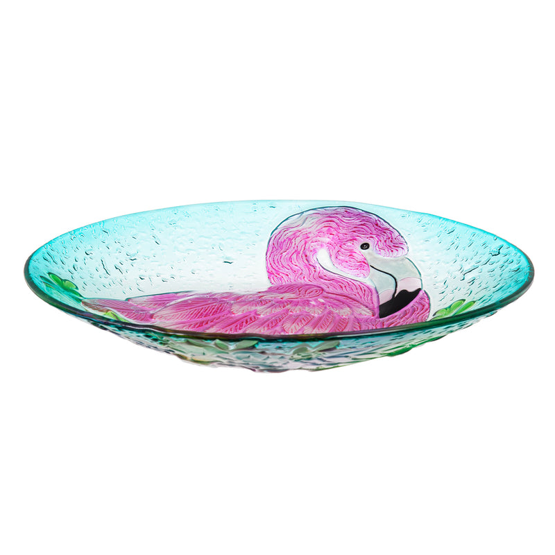 Evergreen Bird Bath,18" Hand Painted Embossed Glass Birdbath, Flamingo,18x18x1.97 Inches
