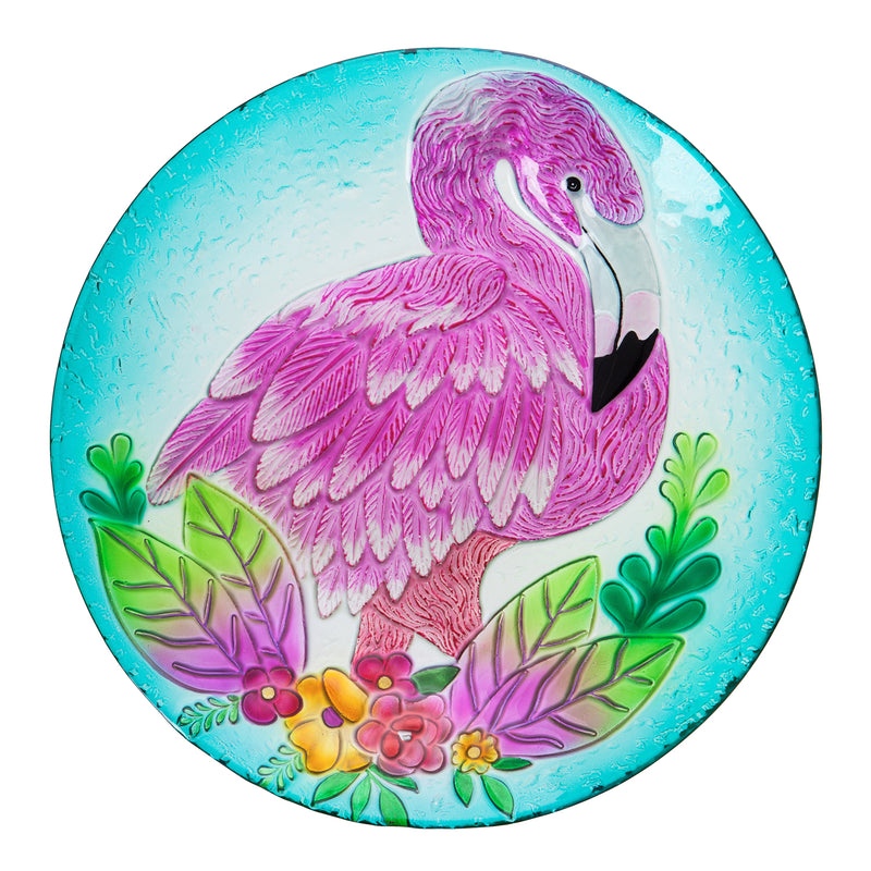 Evergreen Bird Bath,18" Hand Painted Embossed Glass Birdbath, Flamingo,18x18x1.97 Inches