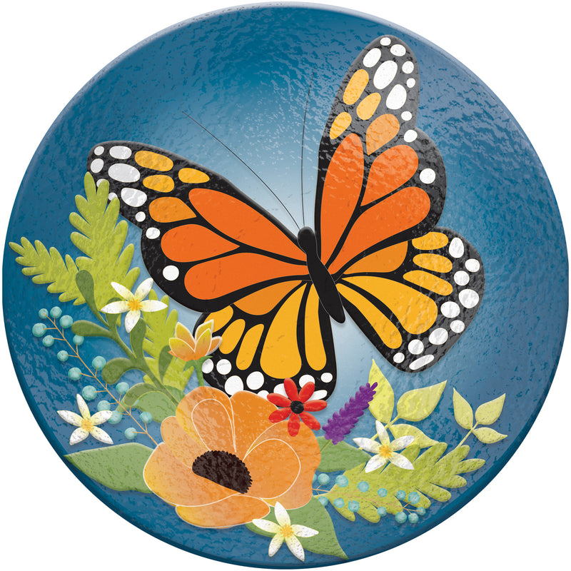 Evergreen 18" Hand Painted Embossed  Glass Bird Bath, Florals and Monarch Butterfly, 18.1'' x 18.1'' x 1.6''