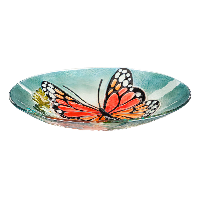 Evergreen 18" Hand Painted Embossed  Glass Bird Bath, Florals and Monarch Butterfly, 18.1'' x 18.1'' x 1.6''
