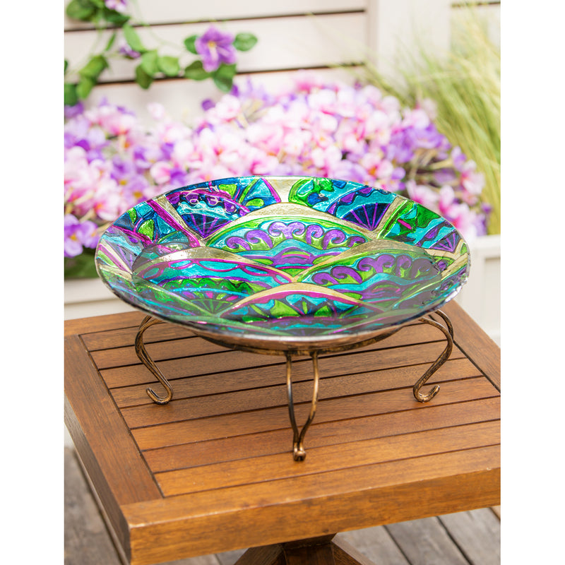 18" Hand Painted  Embossed Glass Bird Bath, Peacock, 18.11"x18.11"x1.57"inches